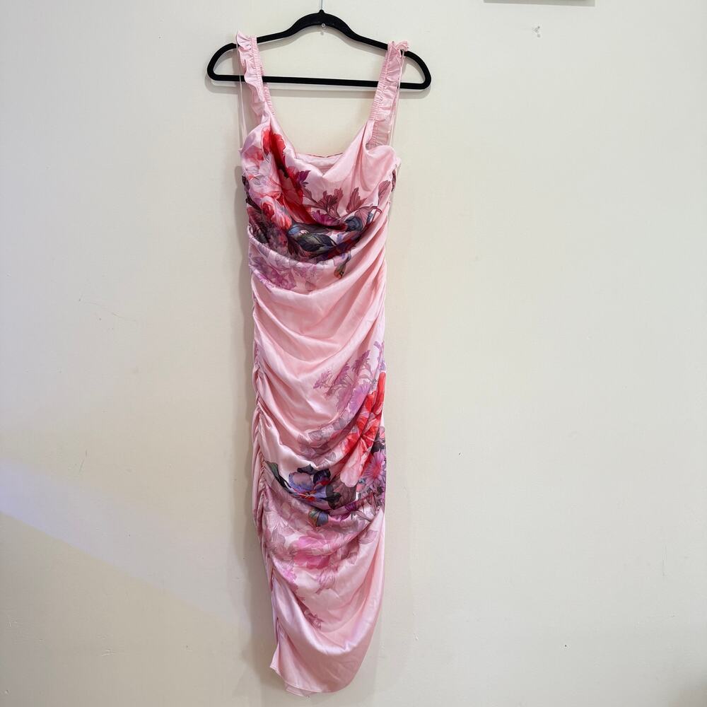 BHLDN Callie Sleeveless Ruched Printed Charmeuse Midi Dress Size US M - Picture 7 of 9